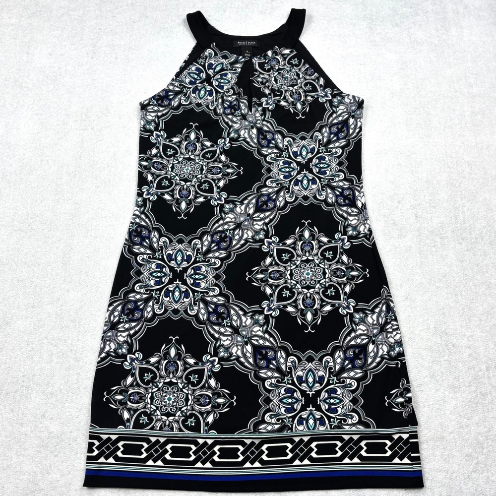 White House Black Market Dress Womens Small Black Blue Halter Matte Jersey Shift